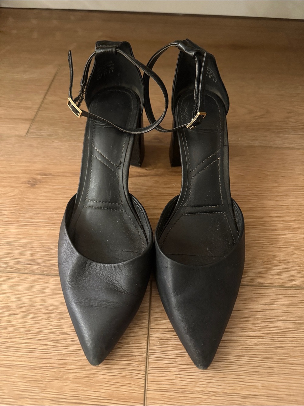 Aldo Black Pointed-Toe Ankle-Strap Heels with Gold Buckles